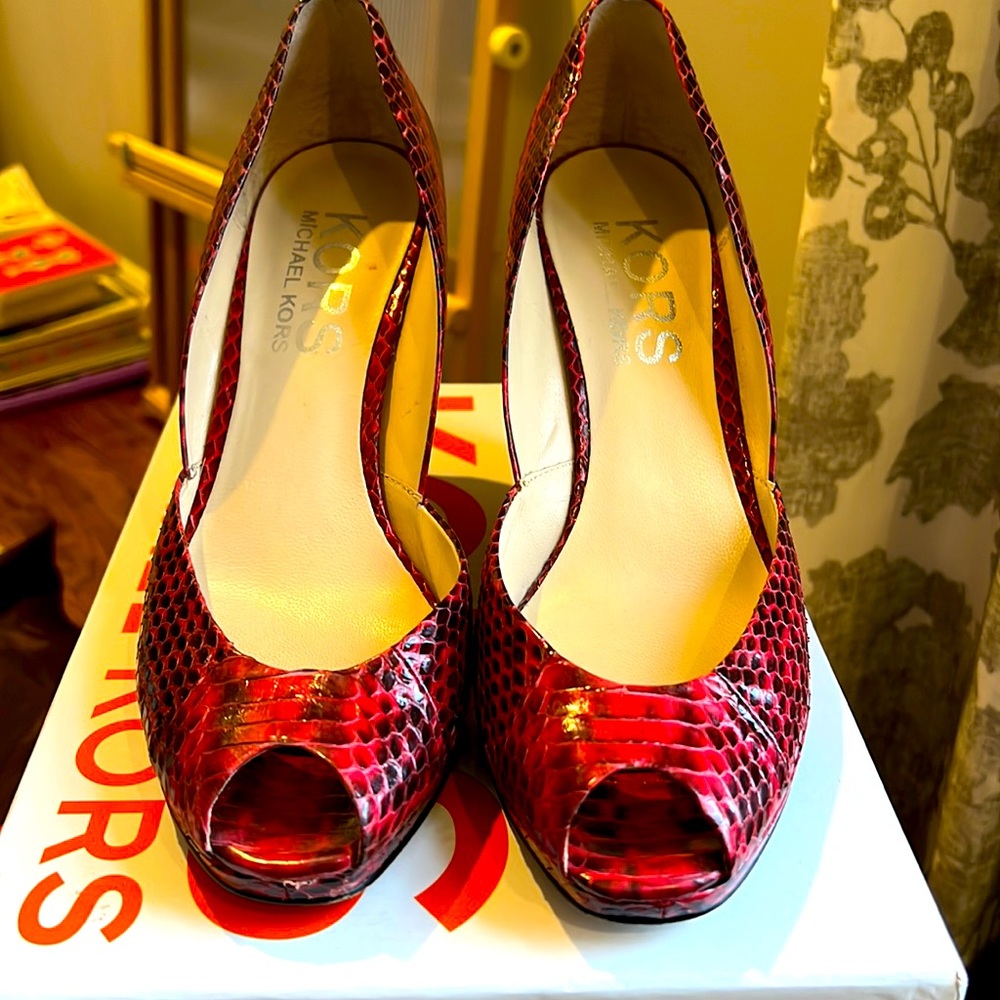 Michael Kors red snakeskin platform wedge heels